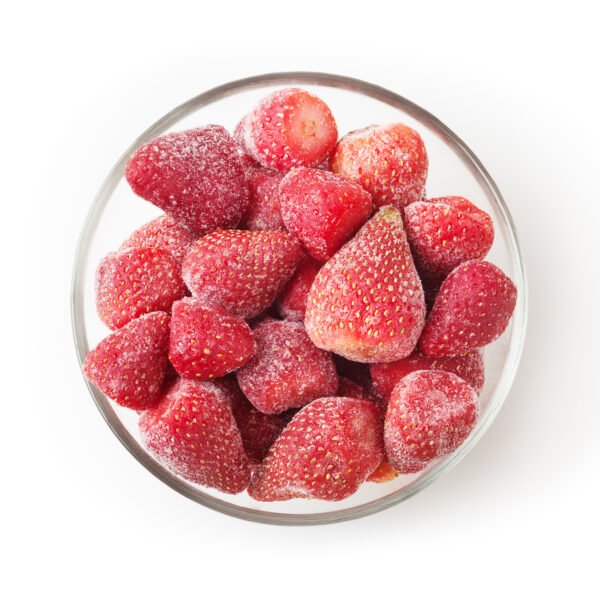Frozen strawberries in glass bowl isolated on white background Frozen Egyptian Strawberry